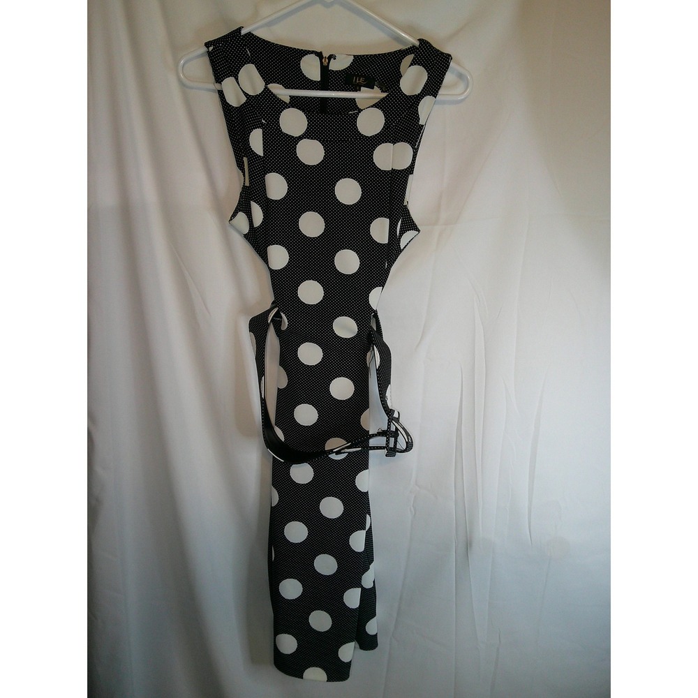 ILE New York Polka Dot Sleeveless Midi Dress Black White Women's w/Belt